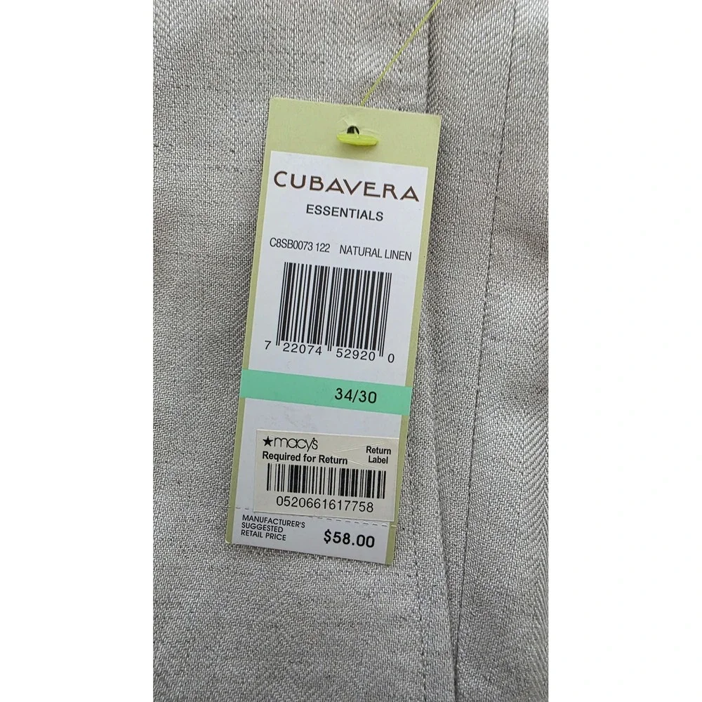 Cubavera Essentials Men's 34x30 Natural Linen Blend Herringbone Pants NEW